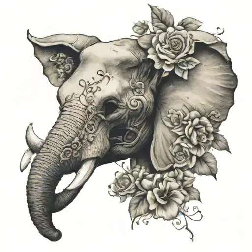 Half Elephant Head And Half Elephant Skull With Flowers