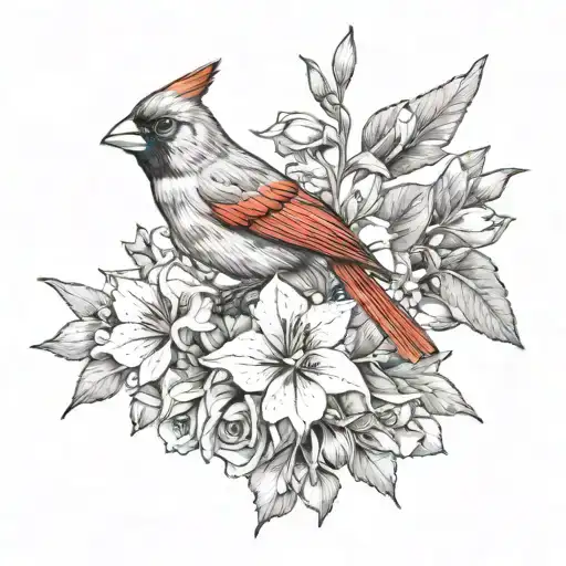 Larkspur Flower And Cardinal Perched