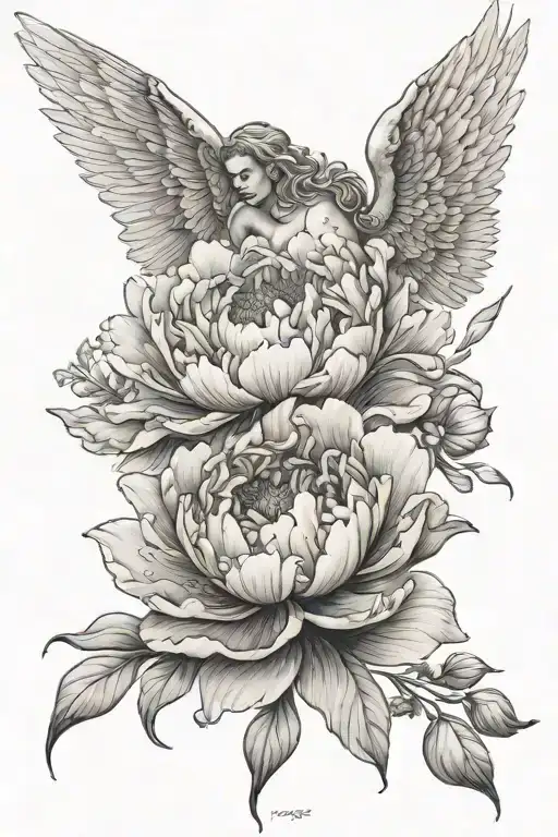 Peony Flower And Falling Angel