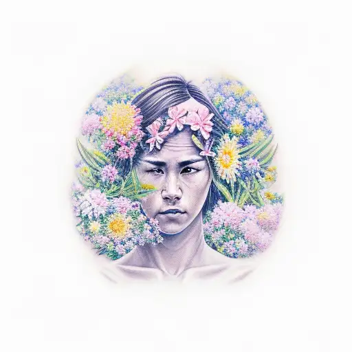 A Realistic Portrait Of A Jiu-jitsu Female Fighter Surrounded By A Colorful Garden Of Flowers