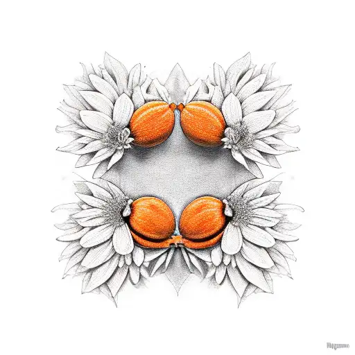 A Realistic Portrait Of Two Orange Pumpkins With Intricate Bat And Daisy Patterns