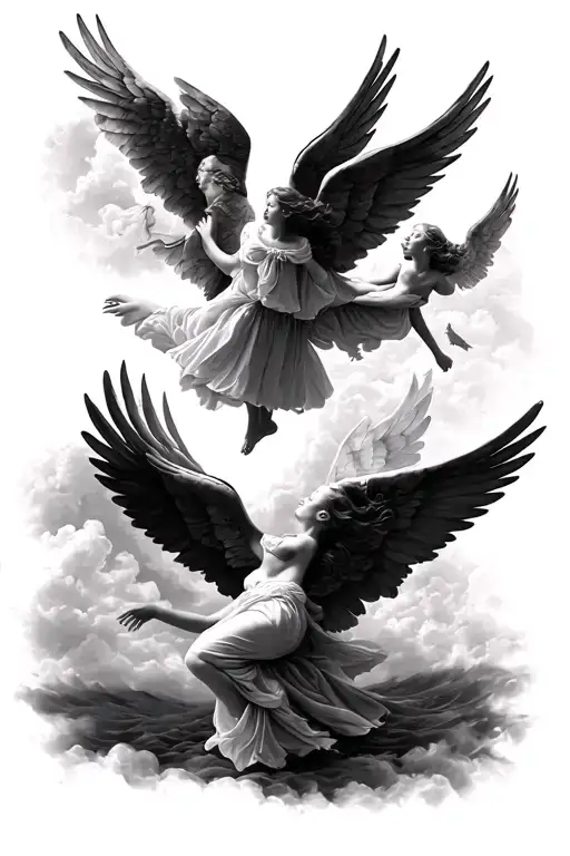 Multiple Small Angels Flying Reinessamce Style Black And White