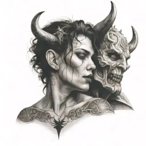 Pentagram Circle Around Angelface Woman Kissing A Devil Man With Horns Wrapped