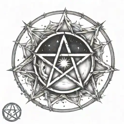 Pentagram Circle With Moon Surrounded By Stars