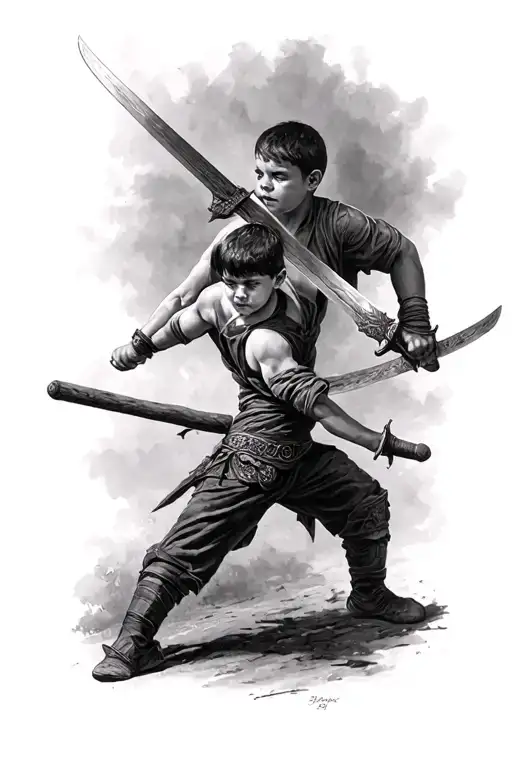 Little Boy Playing With Wooden Sword And Man Fighting With Real Sword