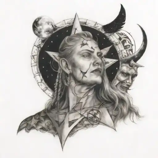 Pentagram Circle With Moon Surrounded By Stars