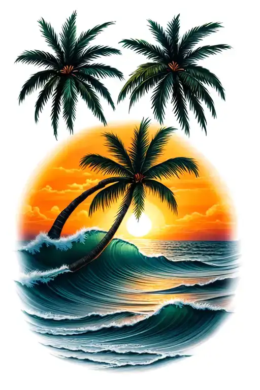 Palm Tree With Waves And Sunrise