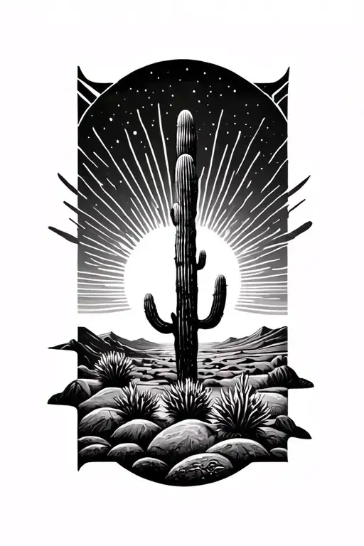 Sun Rays Rising Desert Landscape With One Cactus