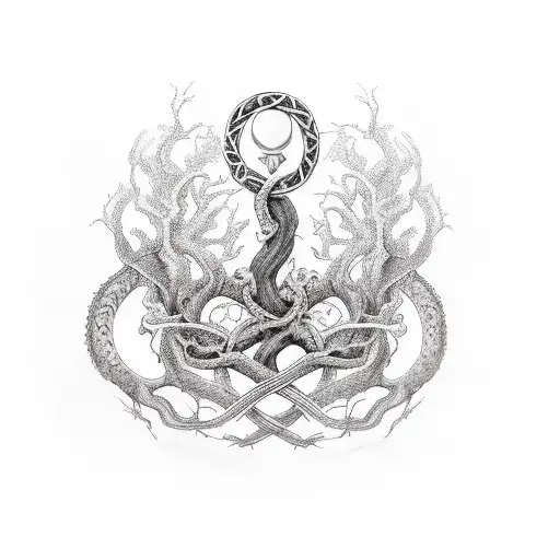 Yggdrasil With Ouroboros For Roots Black And White Realism Arm Sleeve