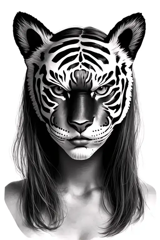 Girl Face With Character With Tiger Mask On Top Of Her Head