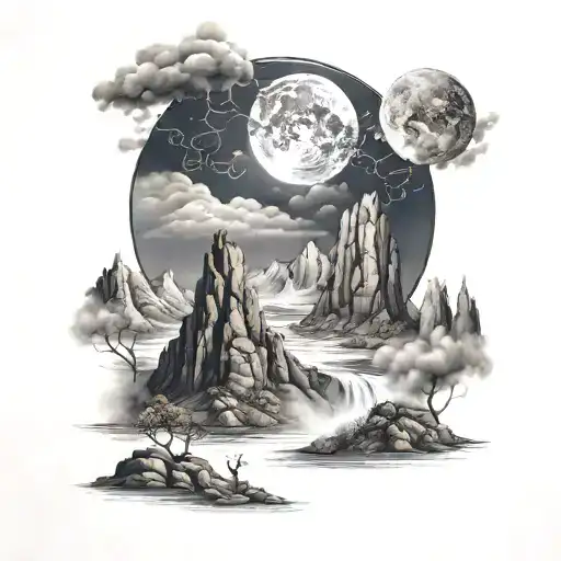 Aquarius And Mountain On A Foggy Full Moon