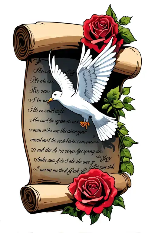 A Scroll With A Bible Verse Written With Roses And A Single Dove Around It