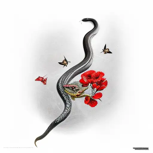 Snake In Front Of Moth Wrapped In Red Flowers