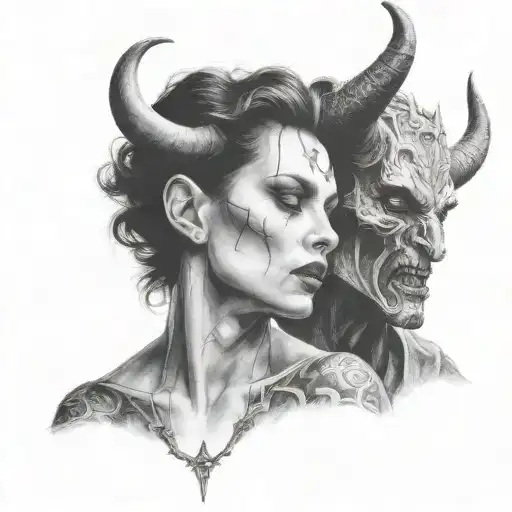 Angelface Woman Kissing A Devil Man With Horns Wrapped Pentagram Circle