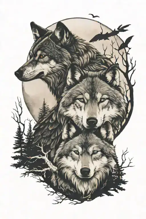 Wolf And Raven In A Forest With Moon Surrounded