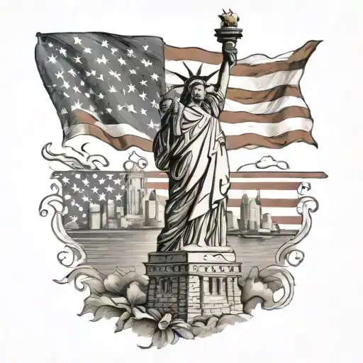 Statue Of Liberty And Eagle Under American Flag Waving