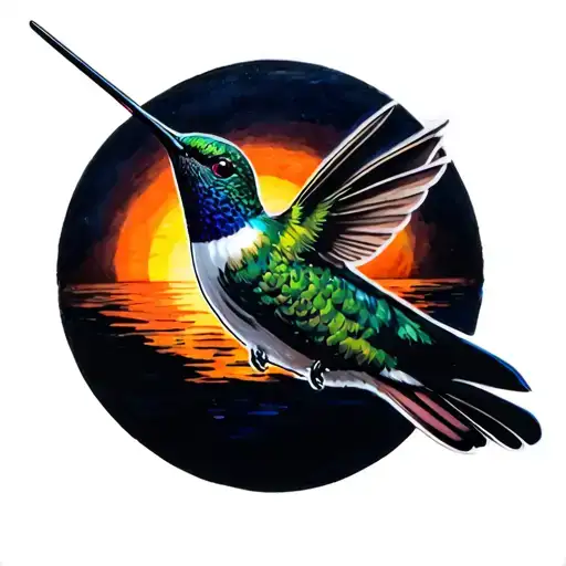 Hummingbird With Small Sunrise Behind It