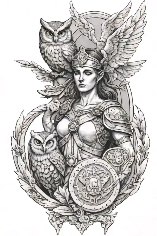 Athena In War Clothes And Her Shield With An Owl On Her Shoulder