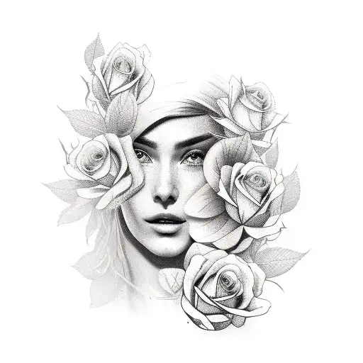 Portrait Of Beautiful Woman With Roses Growing From Her Face