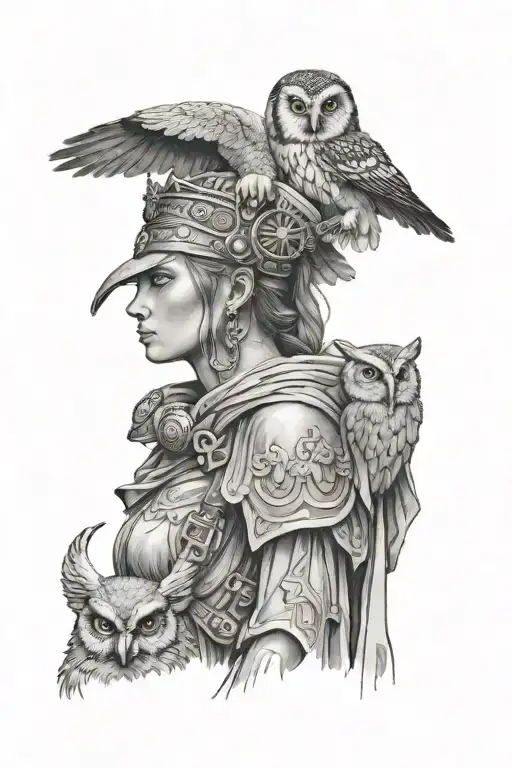 Athena In War Clothes With An Owl On Her Shoulder