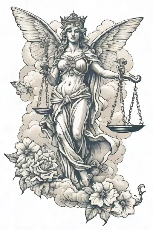 Lady Justice With A Butterfly In Stomach An A Cloud Background And Some Decoration