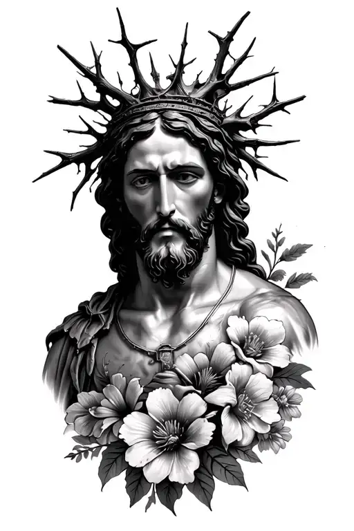 A Stylized Portrait Of Jesus Withy Thorn Crown Surrounded By Various Flowers