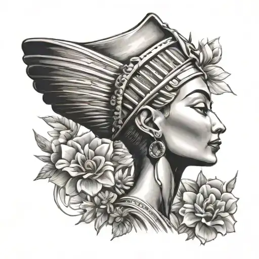 Nefertiti Side View With Sun And Flowers Growing