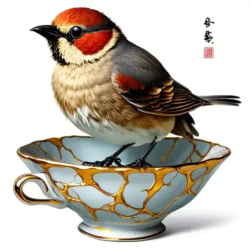 Bird Sitting On A Kintsugi Cup And Saucer