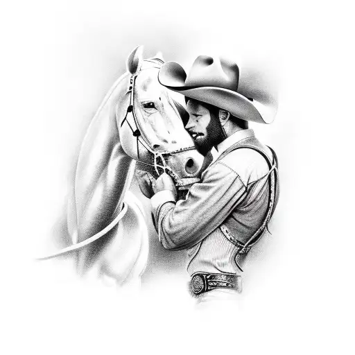 Cowboy Kneeing Down Infront Of A Cross With His Horse By His Side