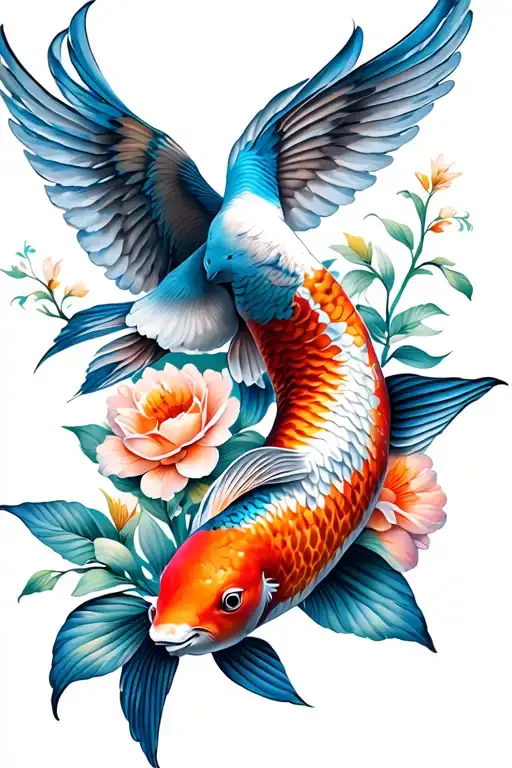 Flowers Koi Fish Dove Flying