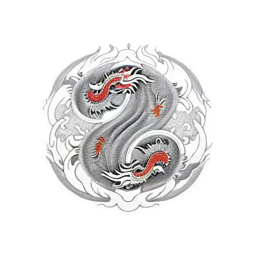 Dragon And Tiger Yin Yang And Bauhinia Flowers