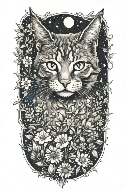 A Realistic Depiction Of A Cat Surrounded By Blooming Wildflowers Under A Starry Night Sky