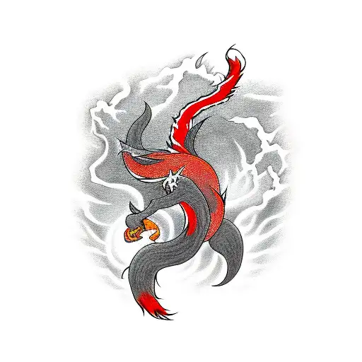 Nine-tailed Fox Tattoo From Japanese Mythology With Red Lightning Bolts
