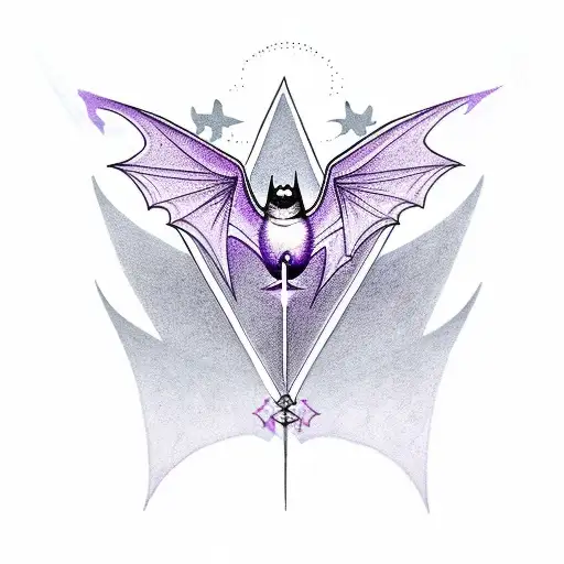 Purple Bat With Spread Wings And Mountain Peak With Three Stars Above