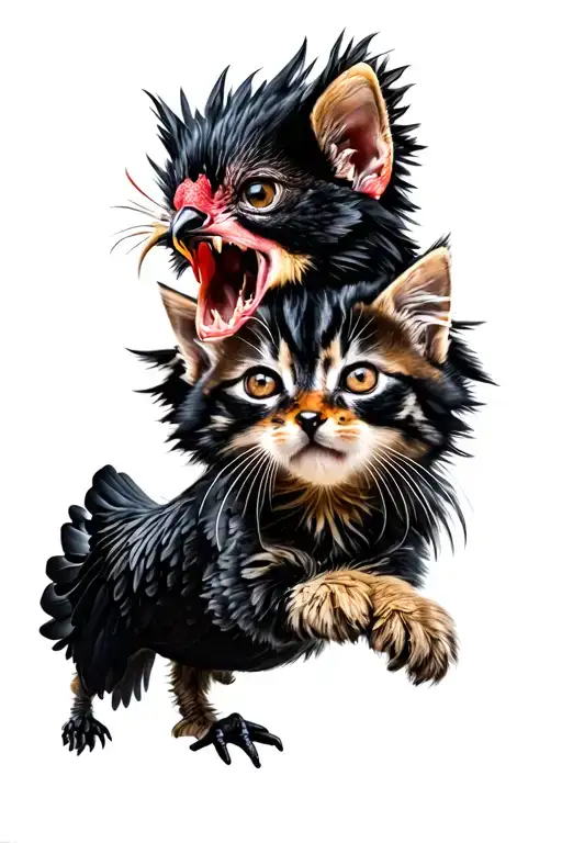 A Kitten Frightened By The Storm Rides An Angry Black Hen