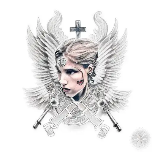 Memorial Tattoo With Cross And Angel Wings