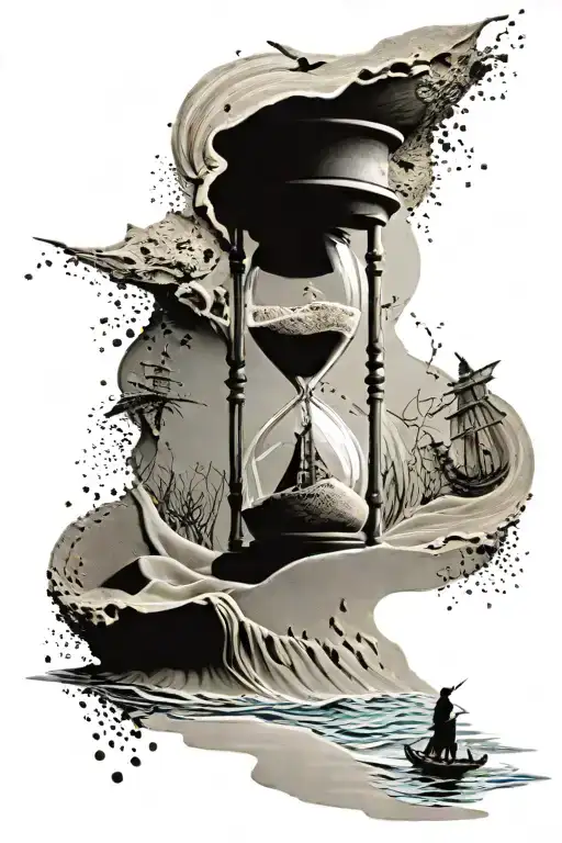 Hourglass With Top Half Water And Ship And The Bottom Sand With Person In It
