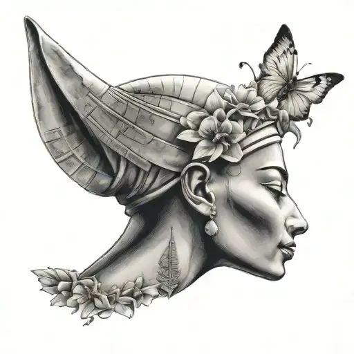 Nefertiti Side View With The Sun And Flowers Growing