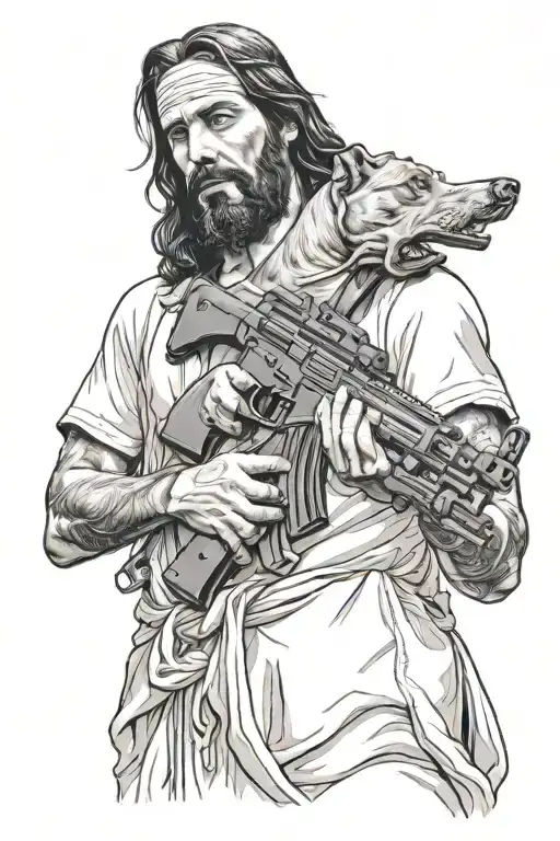 Gangsta Jesus Christ Holding A Kalashnikov And A Pitbull