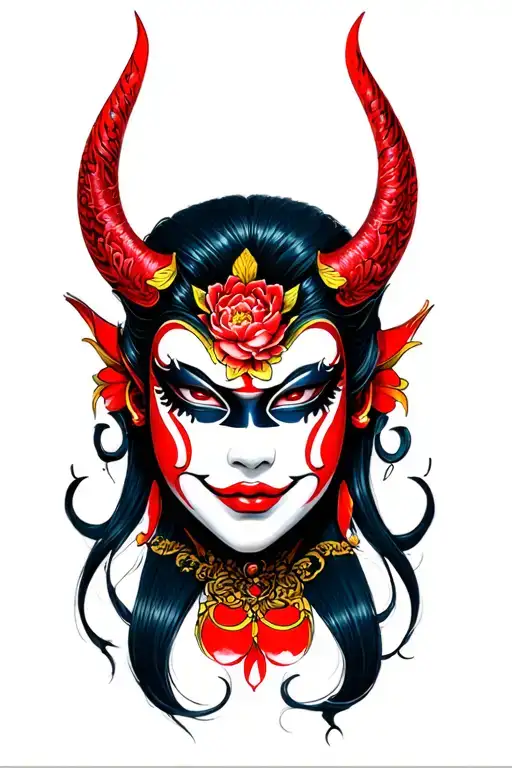 Female Hannya Mask Detailed Tattoo Colored With Best Shading