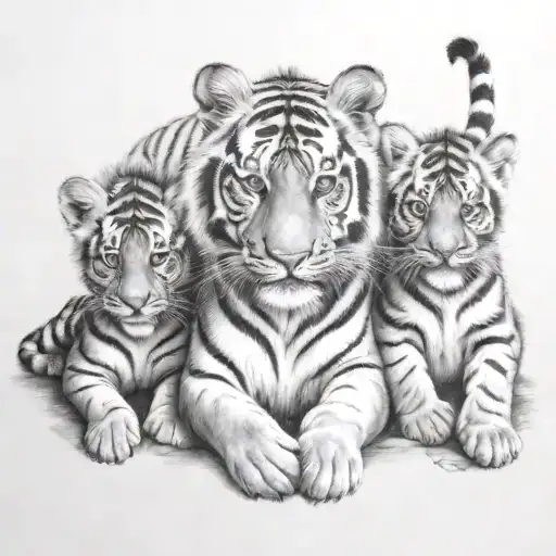 Three Baby Tiger And A Queen Mama Tiger
