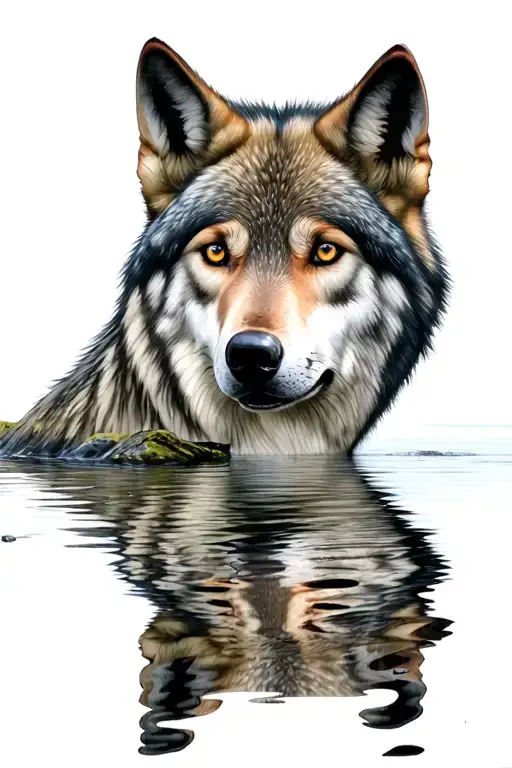 Wolf Face Staring Into Water Reflection