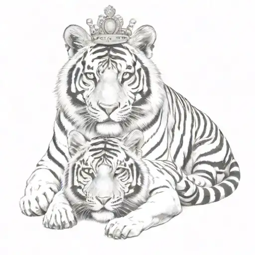 A Mama Tiger With Thre Baby Tigers Under Her And The Third One With A Crown