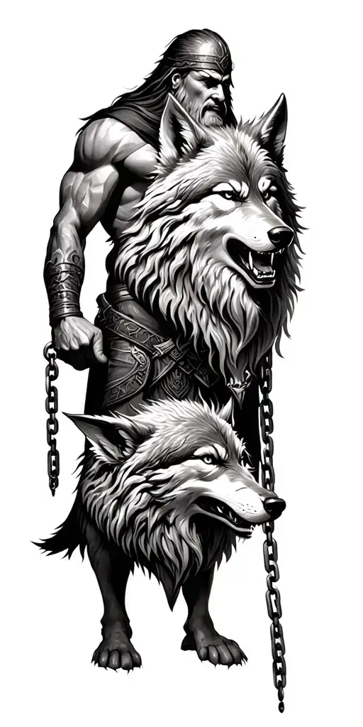 Odin God Of War Holding The Chain To Fenrir Wolf