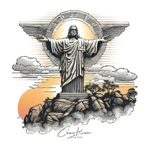 Christ Redentor Statue In Front Of A Sunset Sky