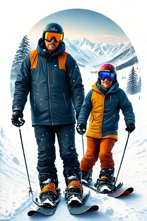 Father And Sons Snowboarding In Blizzard With Snowy Mountains And Trees At A Ski Resort
