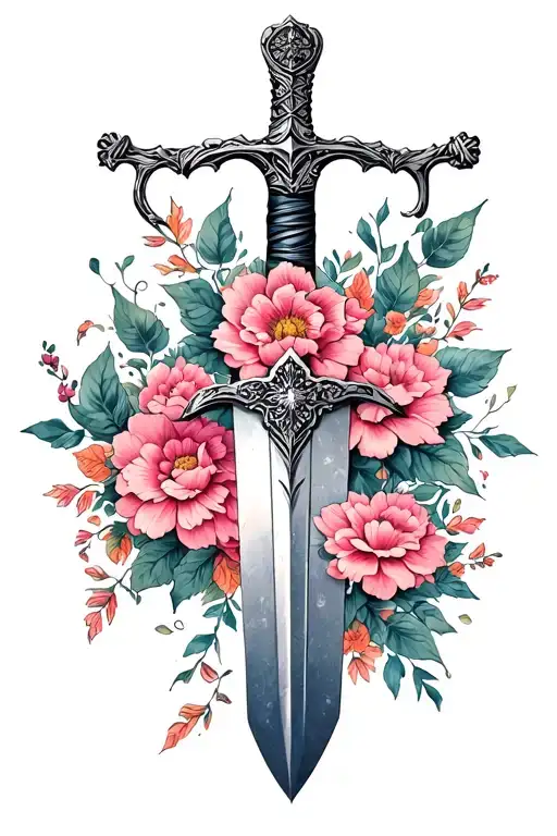 Feminine Realism Sword Tattoo With Flowers Wrapping Around The Blade