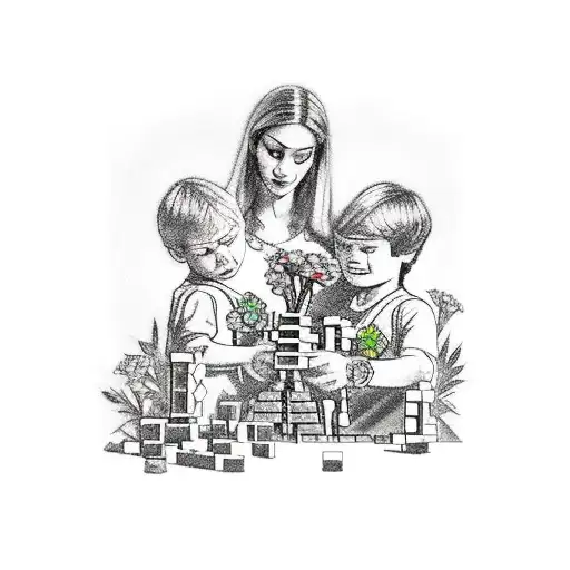 A Tattoo Of A Mother And Her Two Sons Building A Lego Tower Surrounded By Flowers