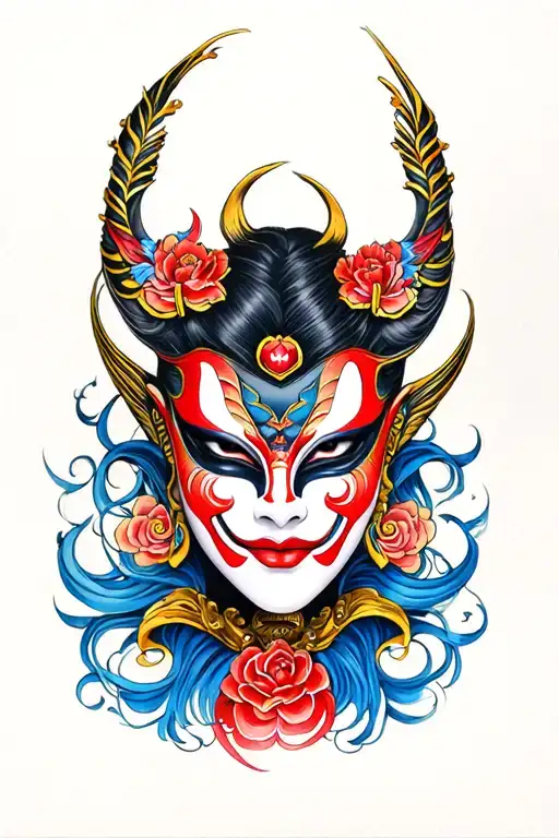 Female Hannya Mask Detailed Tattoo Colored