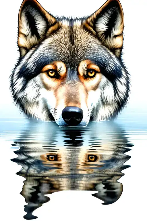 Wolf Face Staring Into Water Reflection